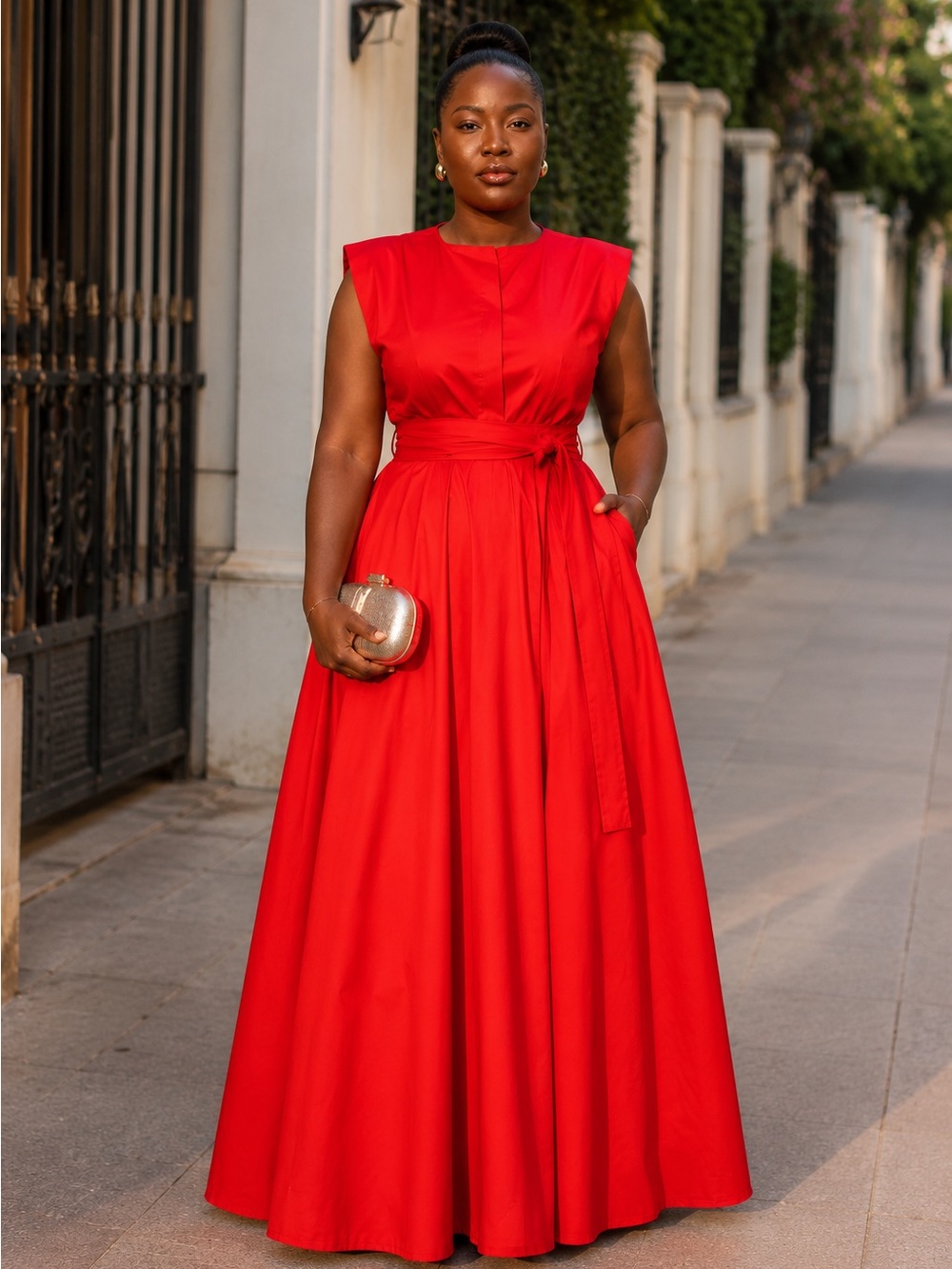 Sculpted Waist Red Maxi Dress with Tie Belt